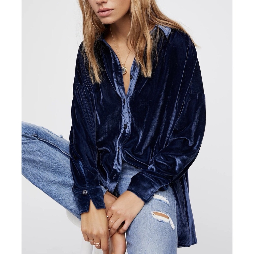 Maeve Anthropologie Navy Blue Velvet Button Down High Low Tunic Shirt Womens 0